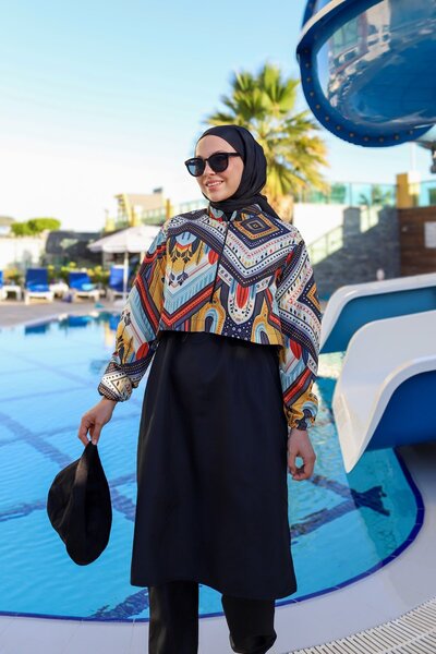 QANU ملابس سباحة منقوشة ملونة تونيك أصفر