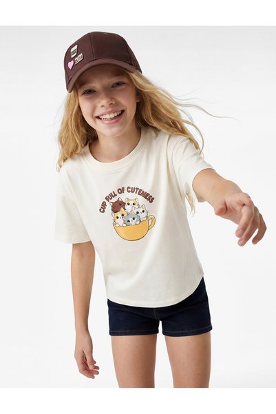 Koton Cat Printed Ecru Girls' T-Shirt 6Skg10586Ak