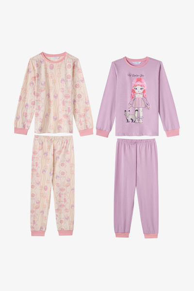 Penti Girls Lilac Starlit Friends Cotton Long Sleeve 2'Li Pajamas Set