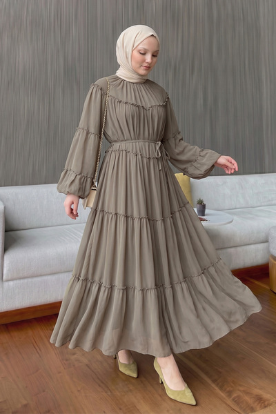 Salih Çelebi Chiffon Ruffle Dress 9886 - Khaki