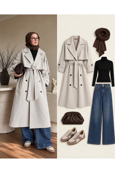 Genel Markalar Kuşaklı Oversize Uzun Trençkot