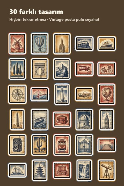 Store Light Colored Nostalgic Postage Stamp Travel Sticker Set 30 Pieces - Vintage Journal Agenda Suitcase