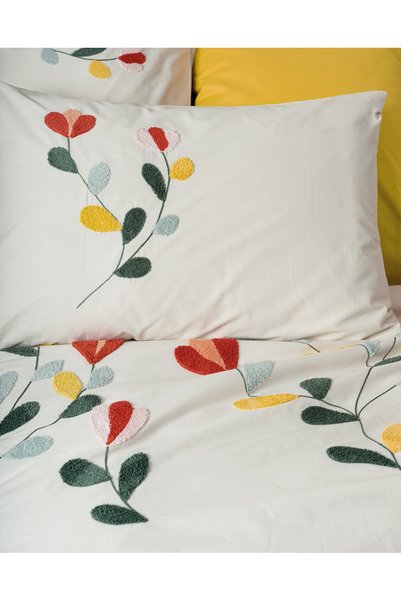 Cotton Box Puff Embroidered Double Duvet Cover Set Nella Mustard