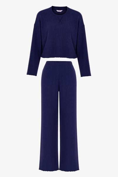 Penti Lacivert Navy Waffle Pantolon Uzun Kollu Pijama Takımı