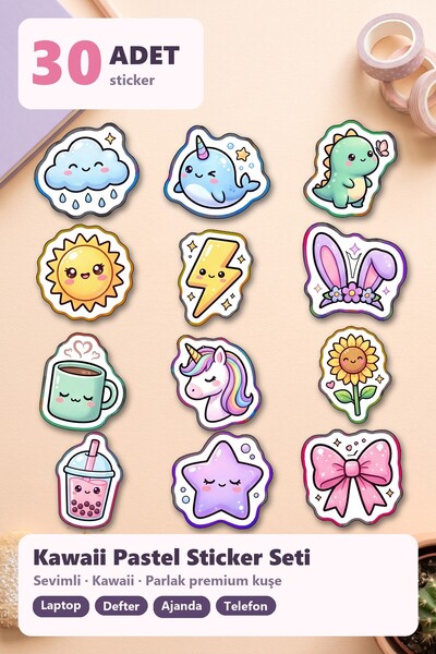 Store Kawaii Pastel Figured Sticker Set 30 Pieces - Cute and Adorable Laptop Phone Notebook Agenda