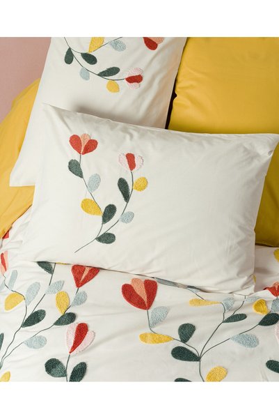 Cotton Box Puff Embroidered Double Duvet Cover Set Nella Mustard