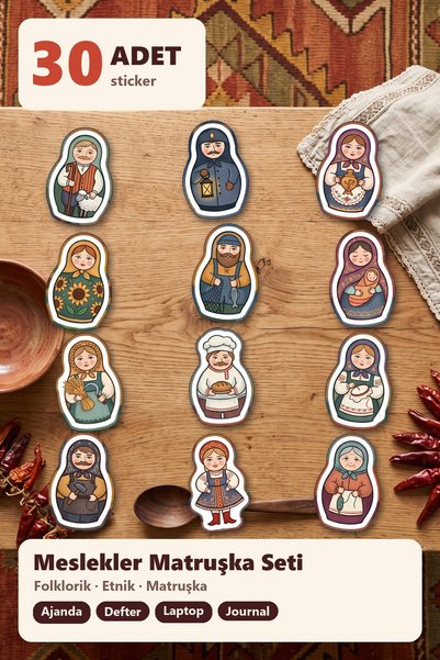 Dekorif 30 Pieces Folkloric Matryoshka Doll Sticker Set - Laptop, Notebook, Agenda