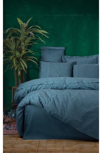 Cotton Box Jacquard Satin Double Duvet Cover Set Sante Petrol