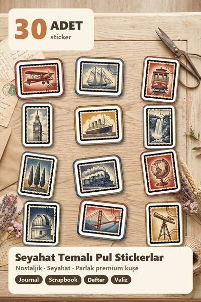 Store Light Colored Nostalgic Postage Stamp Travel Sticker Set 30 Pieces - Vintage Journal Agenda Suitcase