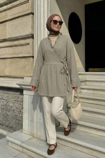 Salih Çelebi Kimono cu legături încrucișate Y0128 - KHAKI DESCHIS