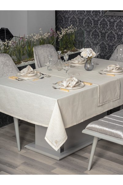 Cotton Box Pera Ecru 8 Piece Linen Tablecloth
