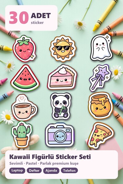 Store Kawaii Colorful Figured Sticker Set 30 Pieces - Cute Patterned Laptop Notebook Phone Agenda