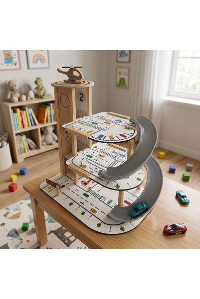 Toysilla 3 Katlı Asansörlü ve Kaydıraklı Ahşap Oyun Garajı - 2 Araba Hediyeli