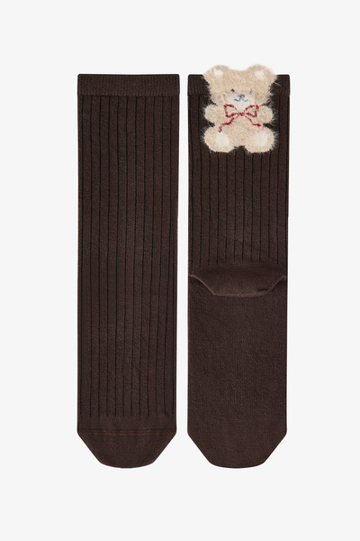 Penti Siyah Beyaz Fluffy Ribbon Bear Pamuklu 2 Çift Soket Çorap