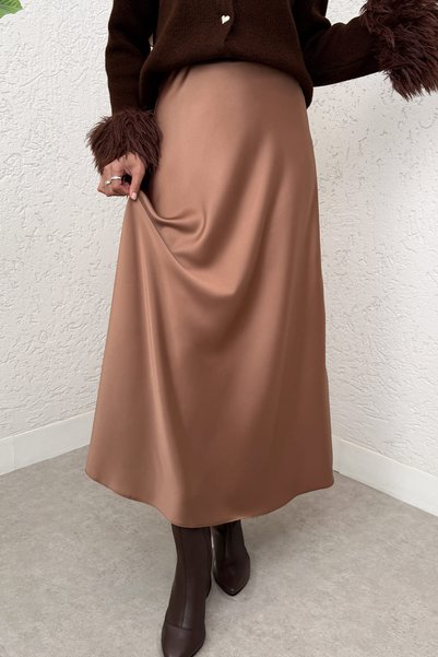 Salih Çelebi Fustă din satin în linie A 0031 - CAMEL