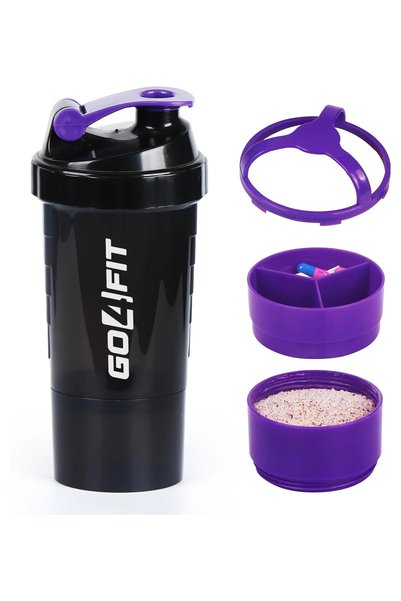 GO4FIT Shaker Proteine, 600 ml, Fara BPA, 2 Recipiente, Compartiment Pudra si...