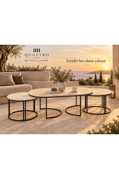 QUATTRO HOME Bej 3'lü Oval Sehpa Seti