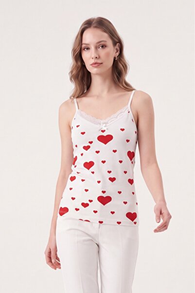 Modamorfo Tricou cu bretele și dantelă cu model inimioare - alb