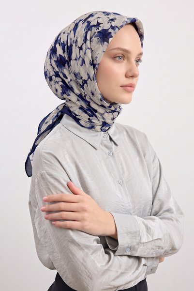 Salih Çelebi Eșarfă Naida cu model floral 8040 - ALBASTRU ÎNCHIS