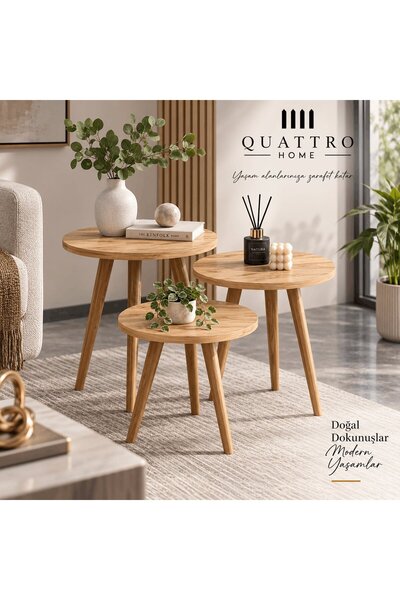 QUATTRO HOME Torna Ahşap Ayaklı 3'lü Yuvarlak Zigon Sehpa Takımı Ceviz Kahver...