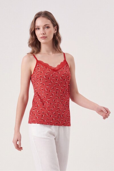 Modamorfo Floral Patterned Lace Strap Tank Top - Red