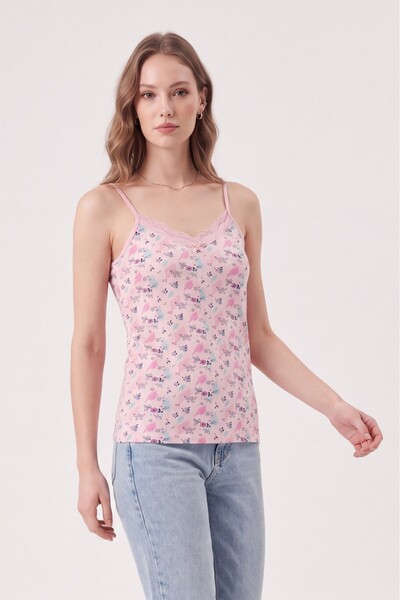 Modamorfo Floral Patterned Lace Strap Tank Top -Powder