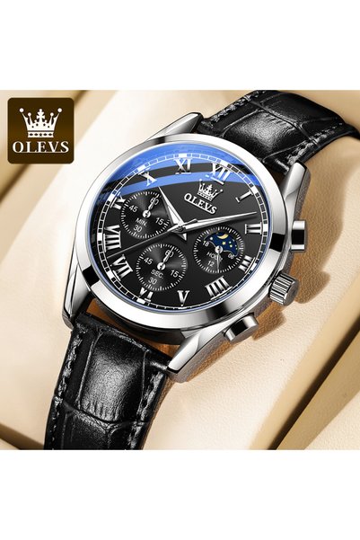 OLEVS نعم أسود فضي أسود OLEVS 2871 ساعة رجالية ماركة أصلية كوارتز كرونوغراف م...