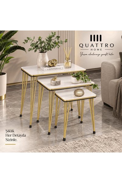QUATTRO HOME Gold Detaylı Beyaz Zigon Sehpa Takımı