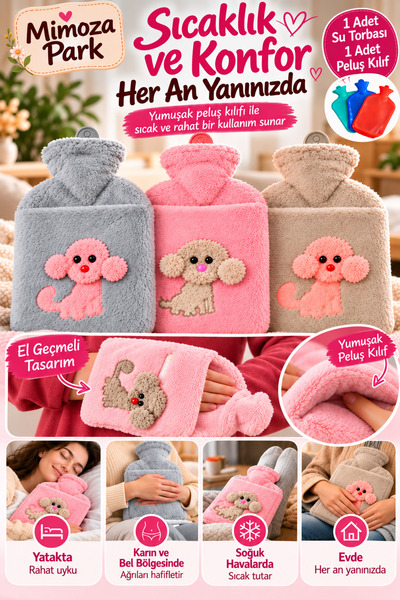 MİMOZA PARK Hot Water Bag with Plush Cover and Dog Emoji