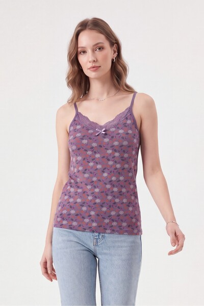 Modamorfo Floral Patterned Lace Strap Tank Top - Purple