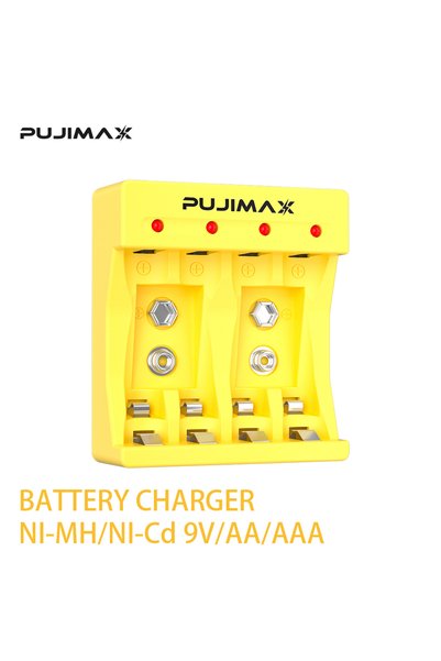 Choice شاحن بطاريات ذكي أصفر من PUJIMAX بـ 4 فتحات لبطاريات 9 فولت، محول بطار...