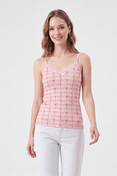 Modamorfo Tricou cu bretele și dantelă cu model inimioare - pudră
