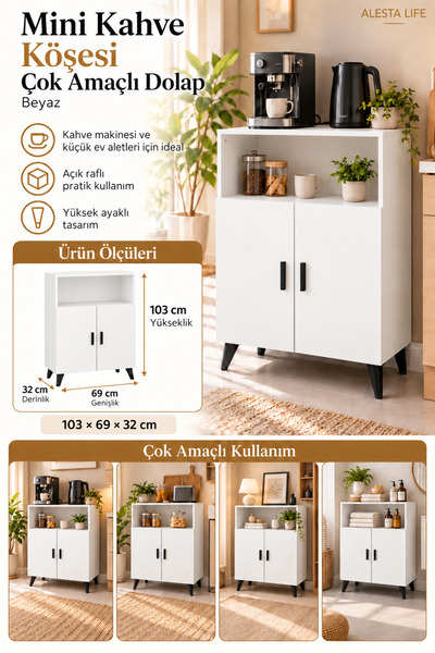 Alesta Life Mini Kahve Köşesi Beyaz- 2 Kapaklı Yüksek Ayaklı Raflı Çok Amaçlı...