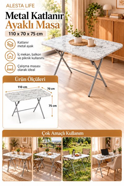 Alesta Life Beyaz Mermer Desenli Katlanabilir Masa 70x110 cm