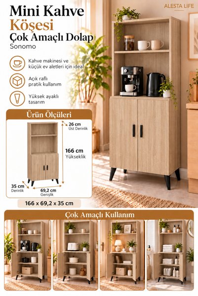 Alesta Life Kahve Köşesi Standı Sonomo | Çok Amaçlı Dolap | Raflı ve 2 Kapakl...