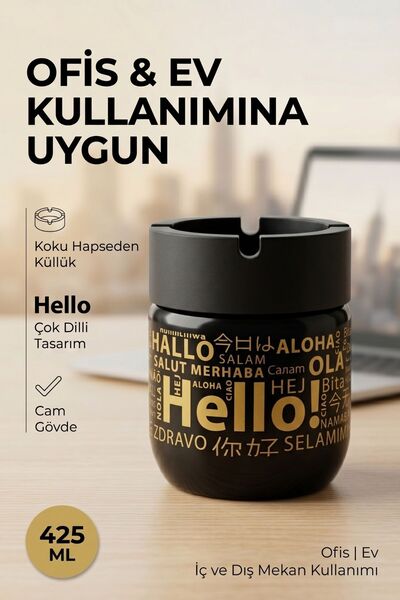 GLUS Hello Printed 3 Piece Glass Odorless Ashtray |   Smokeless |   Decorative Glass Ashtray with Anti-Wind Cover |   425 ml |   Black