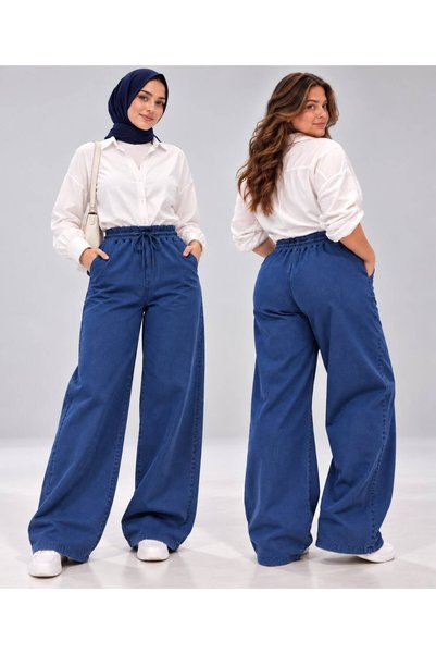 St.Poll Beli Lastikli Bağlama Detaylı Cepli Denim Bol Paça Pantolon