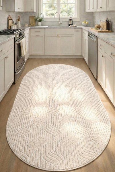 Raschel Carpet Oval Yıkanabilir Leke Tutmaz Moopy Krem Mutfak Halısı Kaymaz T...