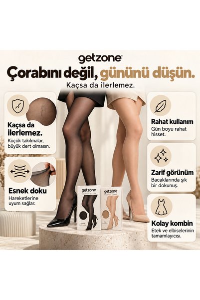 Getzone Kaçmaz Külotlu Çorap ( Kaçsa'da İlerlemez ) - Siyah ve Ten 2'Li Paket