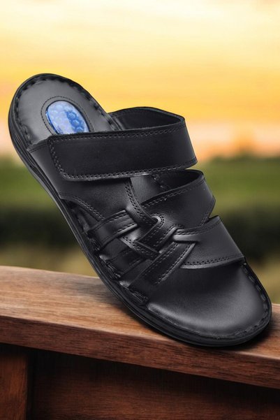 ISPARTALILAR Gel Sole 057 Full Orthopedic Daily Genuine Leather Men's Slippers Inside and Outside Genuine Leather