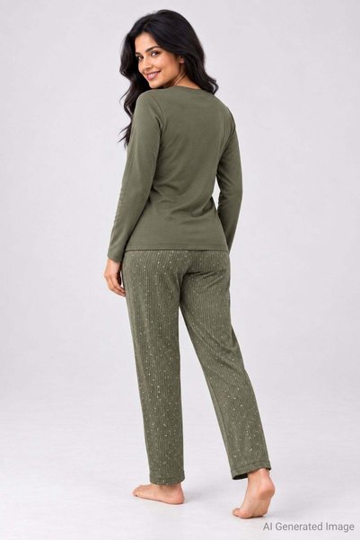 PİJAPİA Women's Patterned Long Sleeve Pajama Set Khaki 100% Cotton