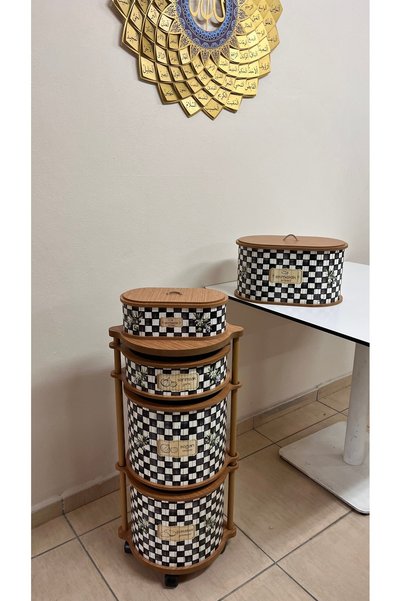 MİHMAN HOME Dama Desenli 3 Katlı Tekerlekli Çok Amaçlı Ahşap Patates Soğan Sepeti Zeytin Simgeli