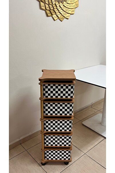 MİHMAN HOME Dama Desenli 5 Katlı Kare Tekerlekli Çok Amaçlı Ahşap Patates Soğ...