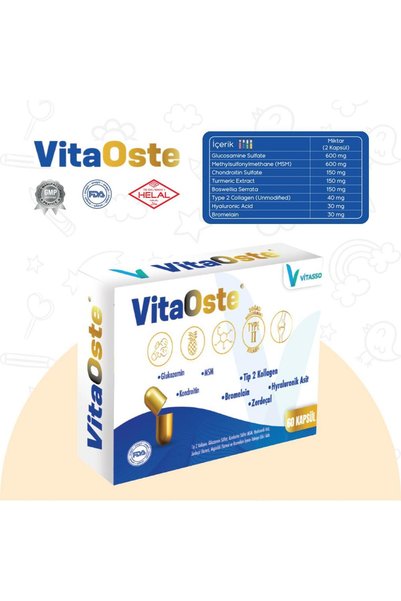 Vitasso VİTAOSTE GLUKOZAMİN,MSM,KOLAJEN,BROMELAİN,BOSWELLİA SERRATA,ZERDAÇAL,HYALURONİK ASİT 60 KAPSÜL