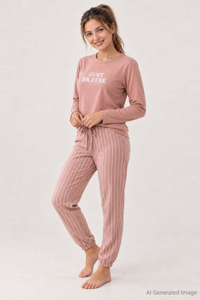 PİJAPİA Women's Striped Lycra Thermal Long Sleeve Pajama Set Powder