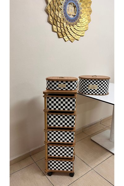 MİHMAN HOME Dama Desenli 5 Katlı Kare Tekerlekli Çok Amaçlı Ahşap Patates Soğan Sepeti