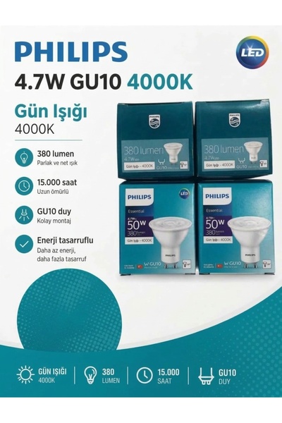 Philips 4.7W GU10 Duy 4000K Gün Işığı LED Spot Ampul 380 Lumen - 10'lu Paket