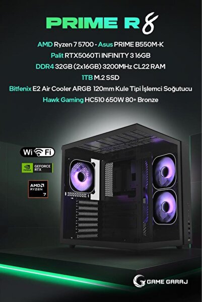 Game Garaj Prime R8 AMD R7 5700 16GB RTX5060Ti 32GB RAM 1TB SSD FreeDOS Oyunc...