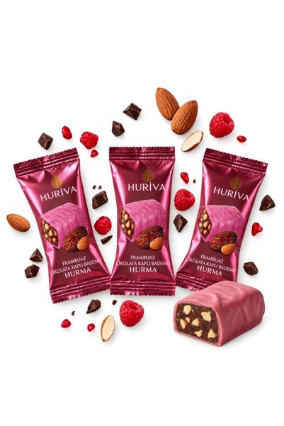 Huriva Frambuaz Çikolatalı Bademli Hurma Barı 500 GR