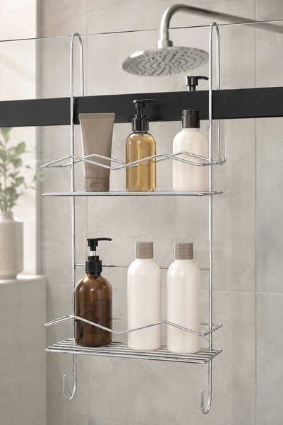 Edora Home Shiny Silver Shower Cabin Hanging 2-Tier Bathroom Shelf Shampoo Holder Organizer Metal Hanger